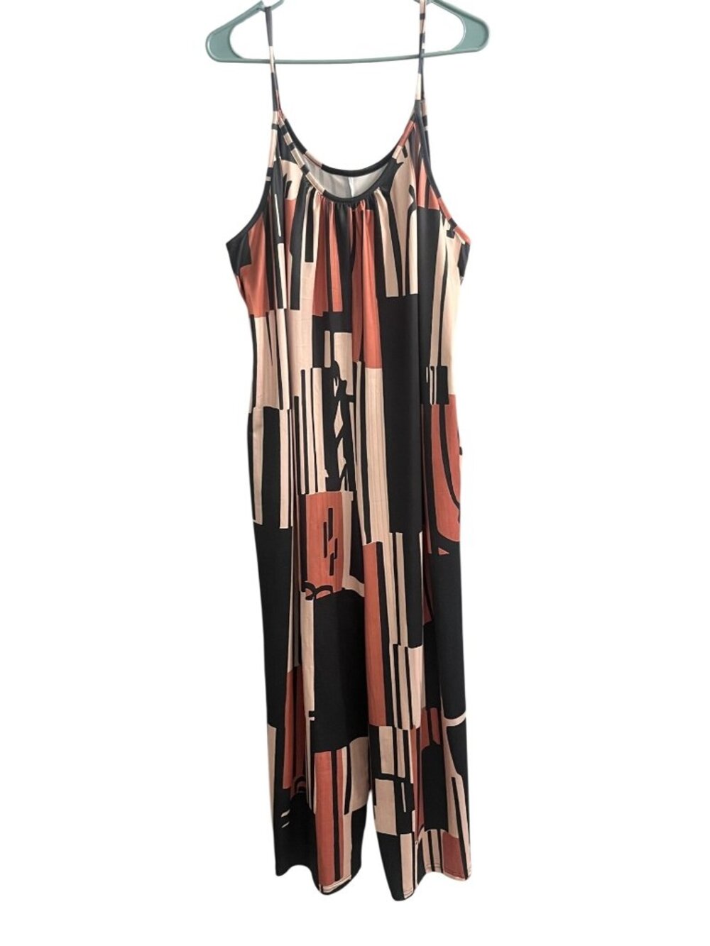 Abstract Print Plus Size Black, Rust, & Beige Sleeveless Wide Leg Jumpsuit 3XL